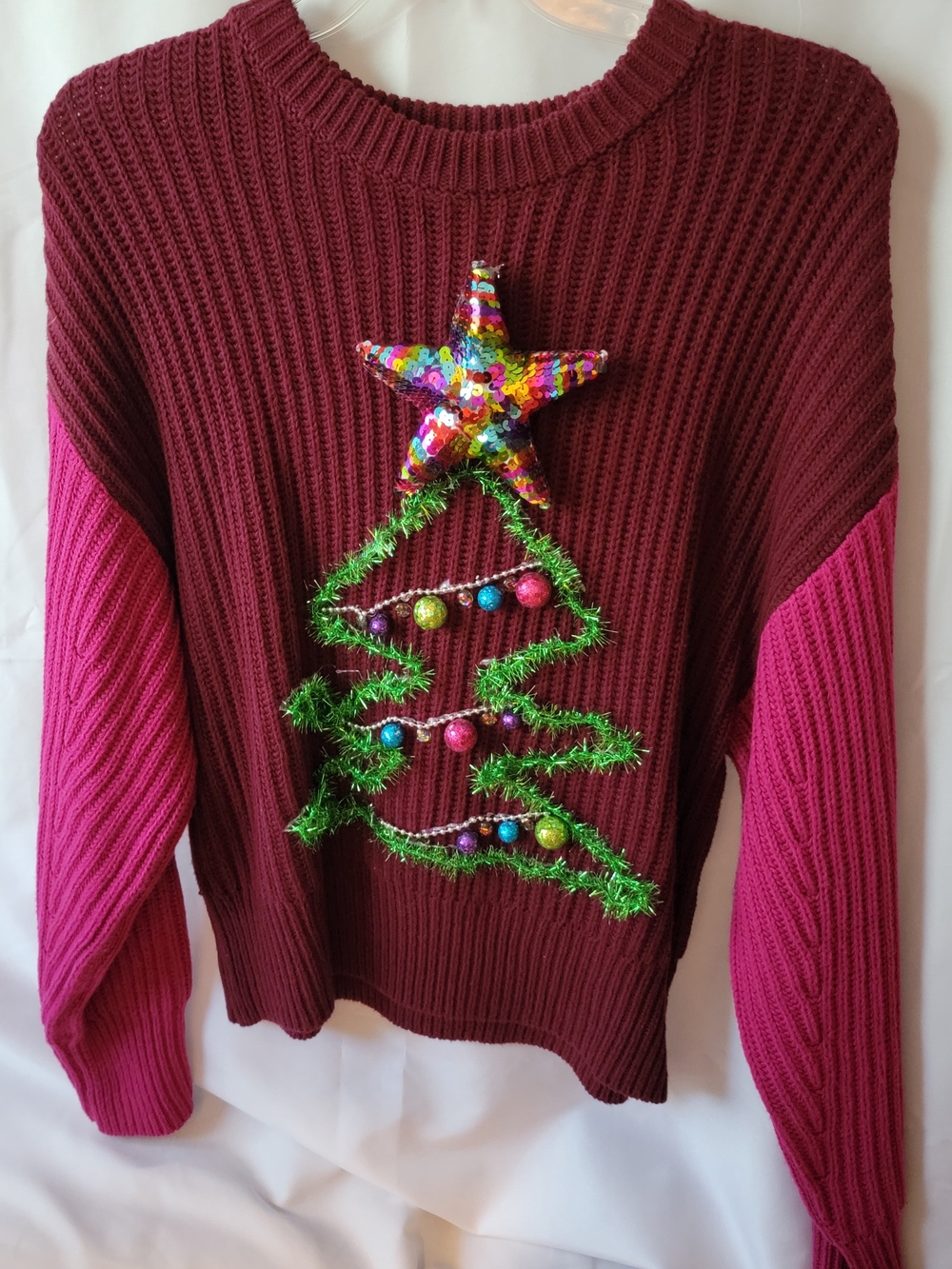 Women’s Burgundy and Pink Ugly Christmas Sweater